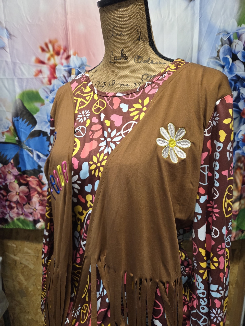 🍍Peace-Print Tunic with Attached Fringe Vest